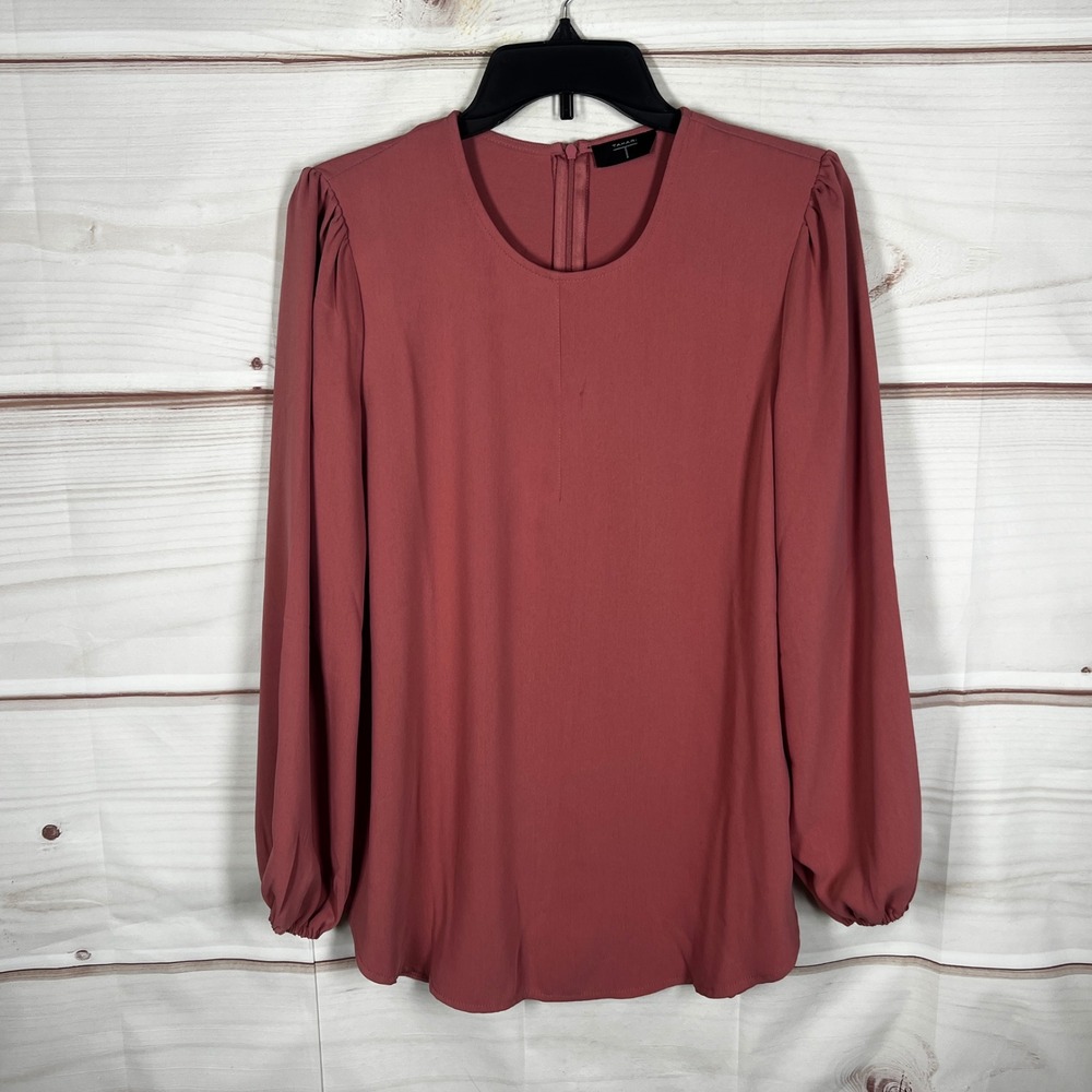 Tahari T Puff Sleeve Blouse Womens Medium Pink Solid Back Zip Crepe Top